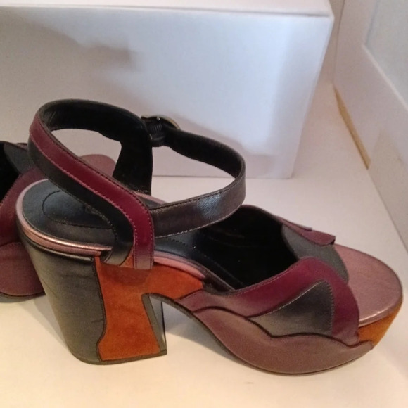 COACH Platform Sandal Leather Burgundy Black Ankle Strap 37.5 - Picture 10 of 14